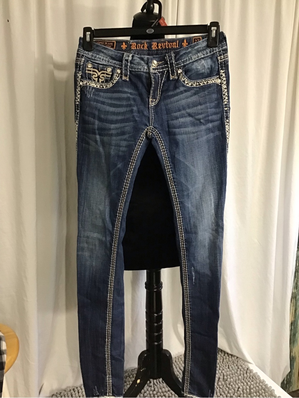 Rock Revival Women's Dark Indigo Skinny Jeans with White Contrast Stitching